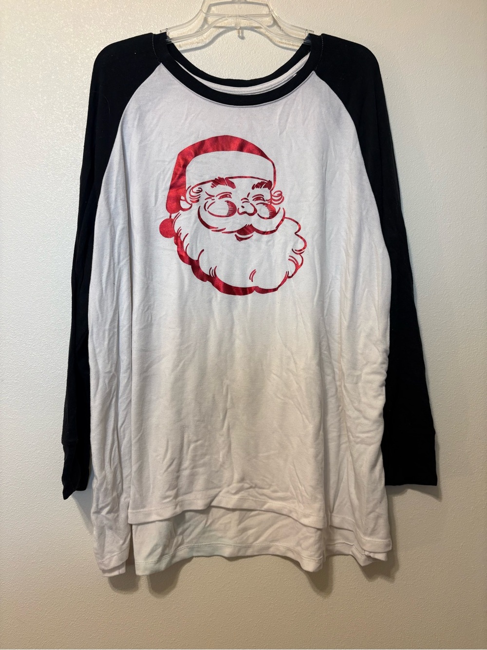Woman’s Holiday Santa Raglan Top - White and Black with Red Graphic